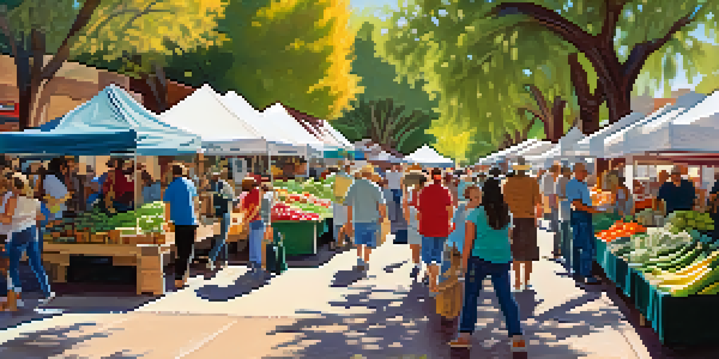 A lively farmers' market in Tucson with colorful stalls filled with fresh produce and local crafts, busy with tourists and locals.