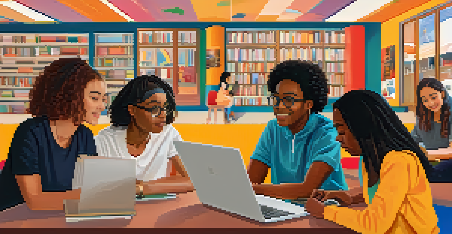 A diverse group of students in different settings, all engaged in online learning on their laptops.