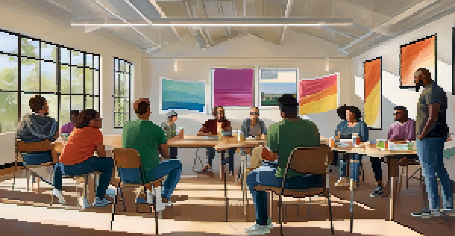 A diverse group of people in a community center discussing LGBTQ+ advocacy, with posters promoting equality in the background.