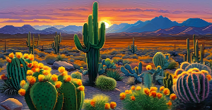 A picturesque view of the Sonoran Desert at sunset with various cacti silhouetted against a colorful sky.