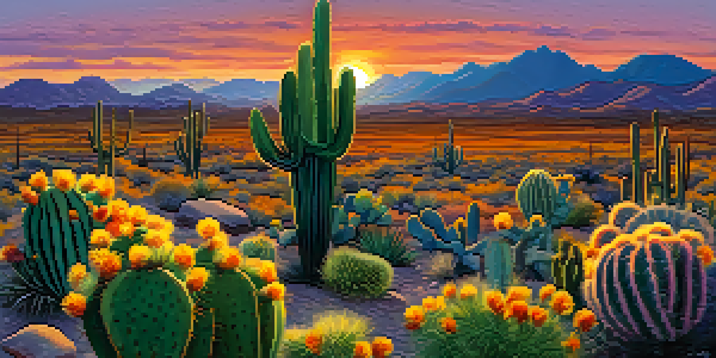 A picturesque view of the Sonoran Desert at sunset with various cacti silhouetted against a colorful sky.