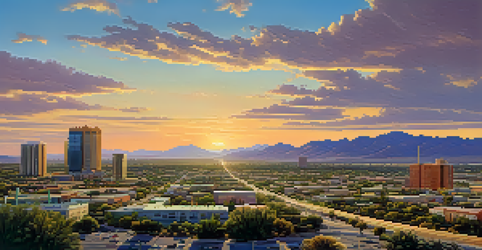A cityscape of Tucson with buildings, roads, and greenery under a sunset sky.