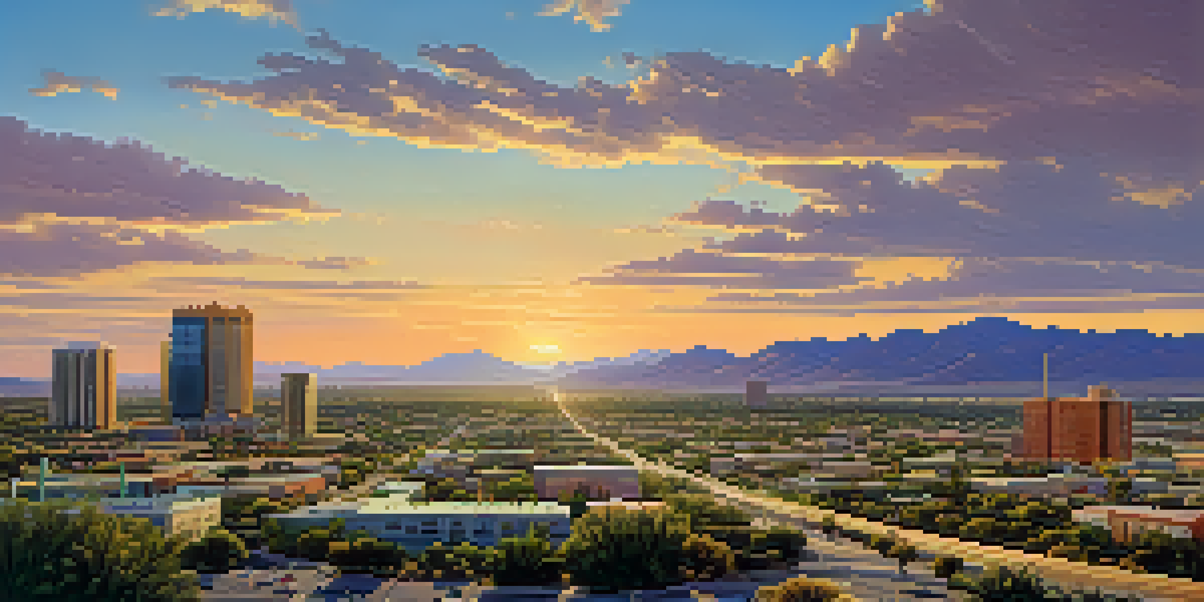 A cityscape of Tucson with buildings, roads, and greenery under a sunset sky.