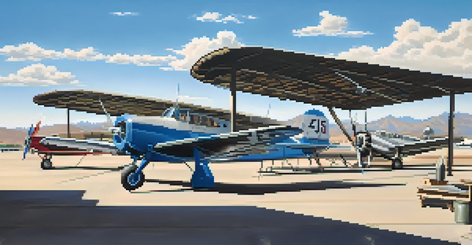 A vintage black and white image of Tucson Municipal Airport in the 1930s, featuring a small terminal and vintage airplanes with mountains in the background.