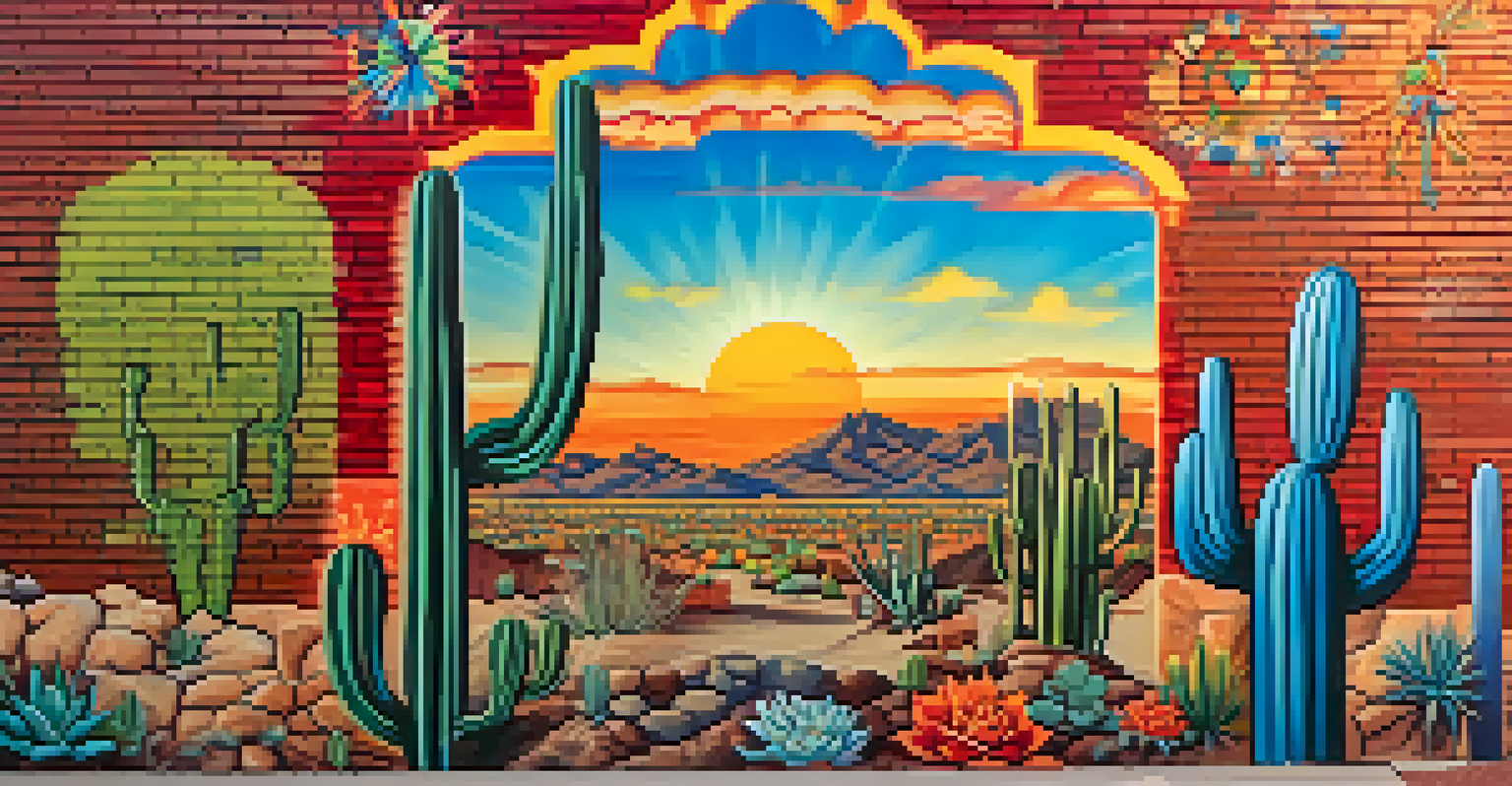 A colorful mural in Tucson representing various immigrant cultures, featuring cacti and dance figures.