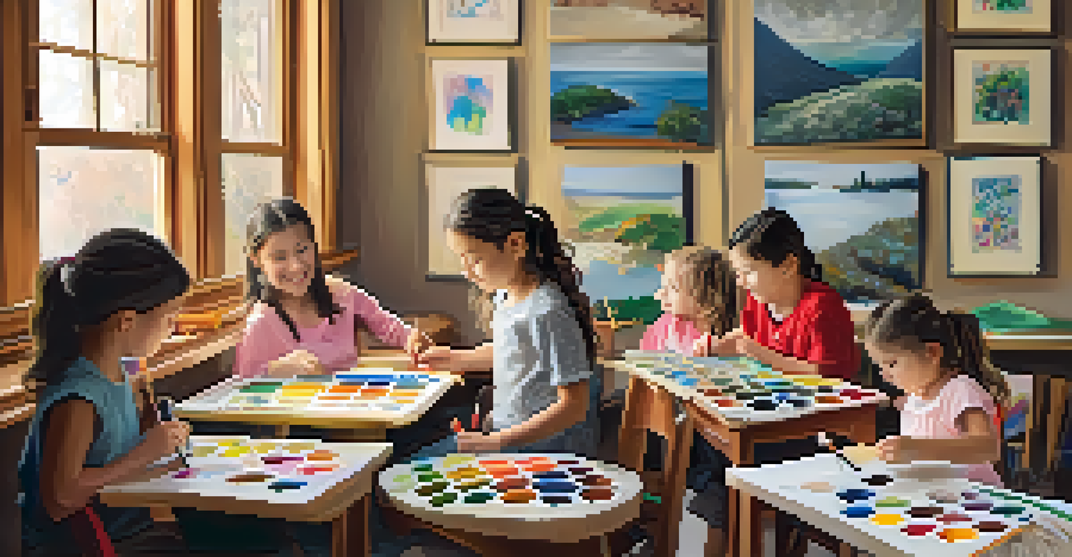 A community workshop with local artists teaching children to paint, filled with art supplies and a warm, engaging atmosphere.