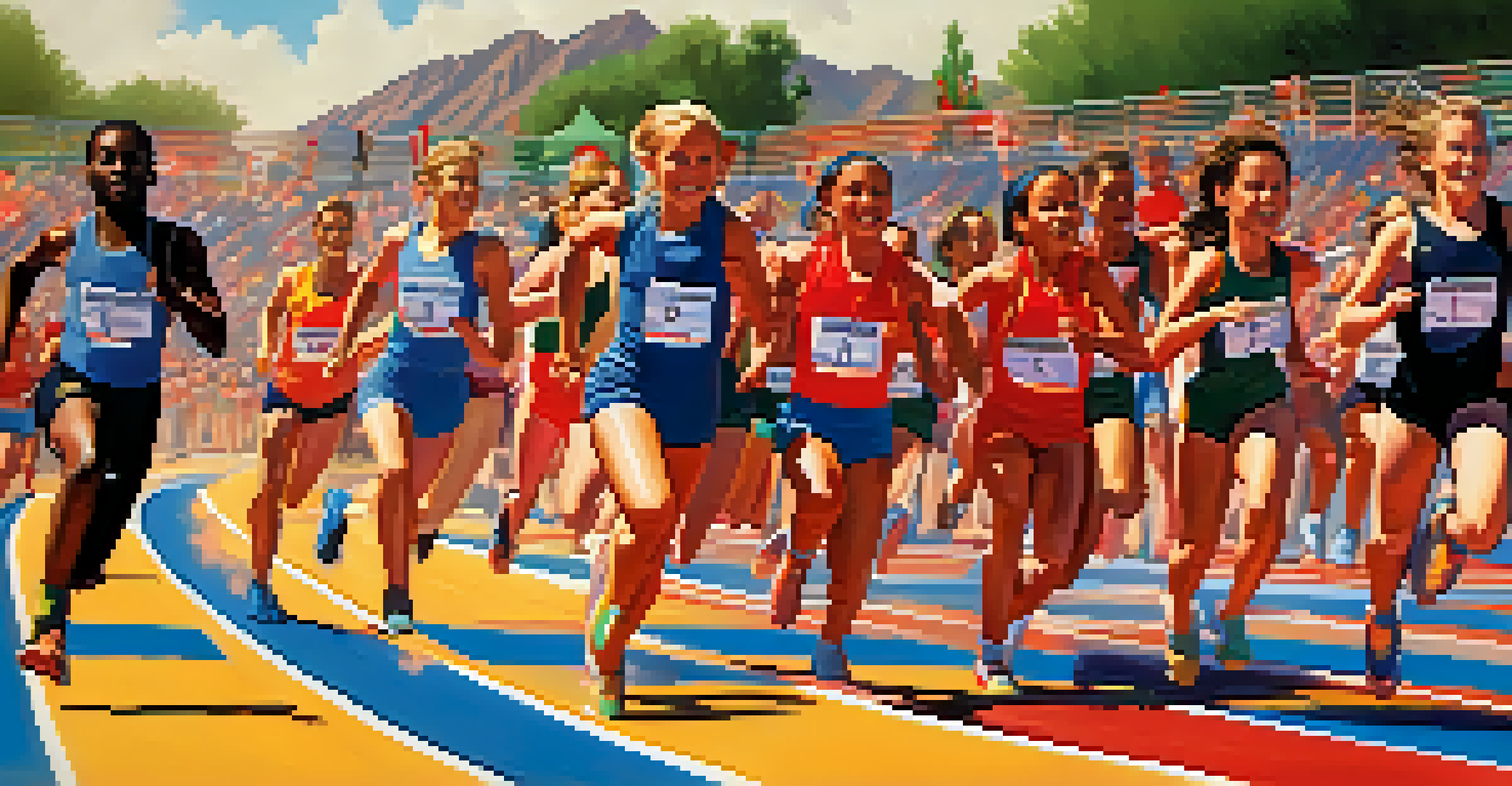 Young athletes competing in a track and field event in Tucson under a clear blue sky.