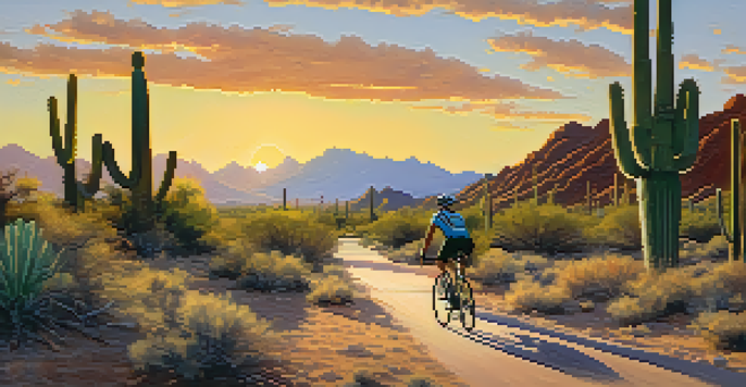 Cyclists enjoying a scenic bike path in Tucson, surrounded by saguaro cacti and desert plants under a sunset sky.