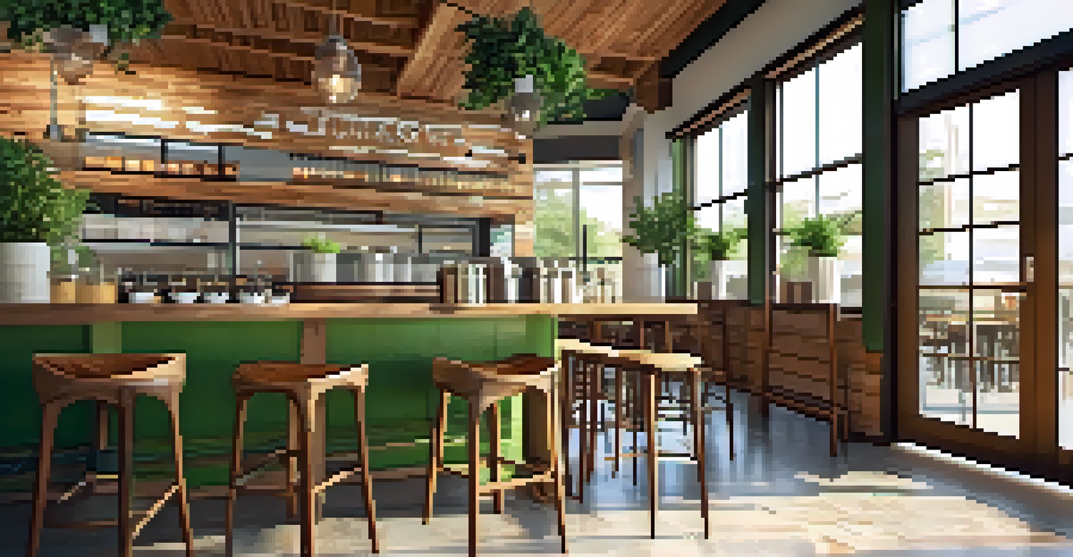A cozy café interior with eco-friendly elements like compostable cups and plants, filled with natural light and wooden furniture.