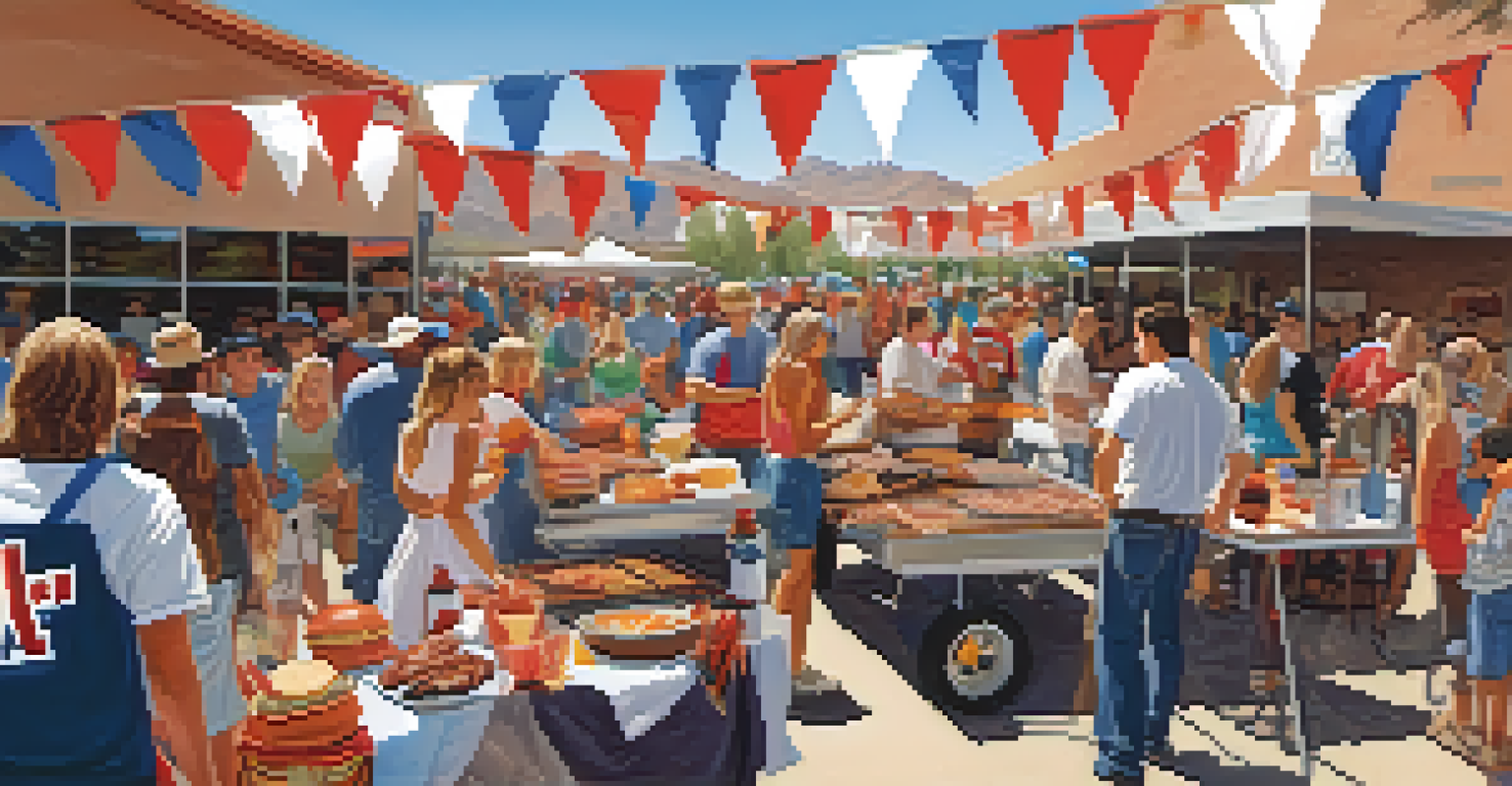 A lively tailgate party in Tucson with families and friends enjoying food and drinks, surrounded by university banners and a blue sky.