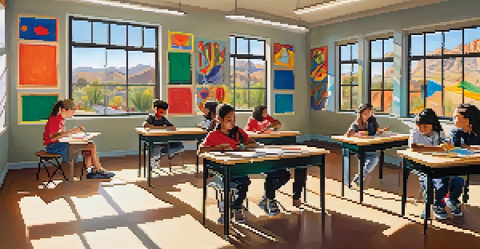 A lively classroom in Tucson with diverse students participating in various arts activities, surrounded by colorful artwork.