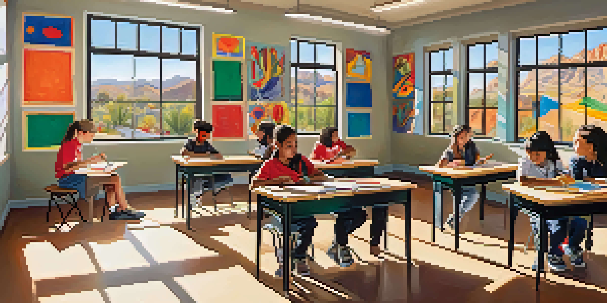 A lively classroom in Tucson with diverse students participating in various arts activities, surrounded by colorful artwork.