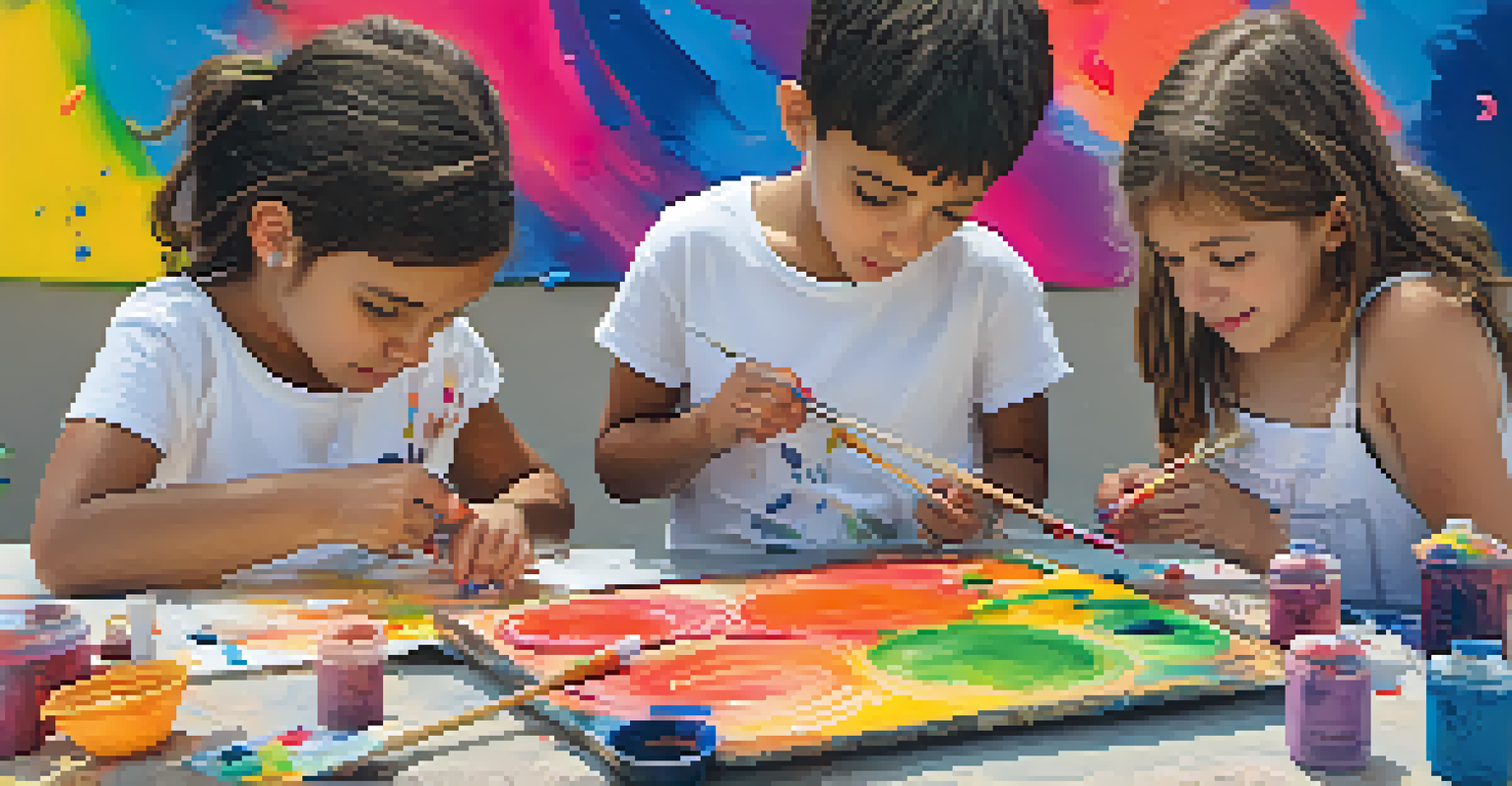 Children engaged in an outdoor art workshop, painting on canvases with Tucson's mountains in the background, surrounded by colorful paint splatters and art supplies.