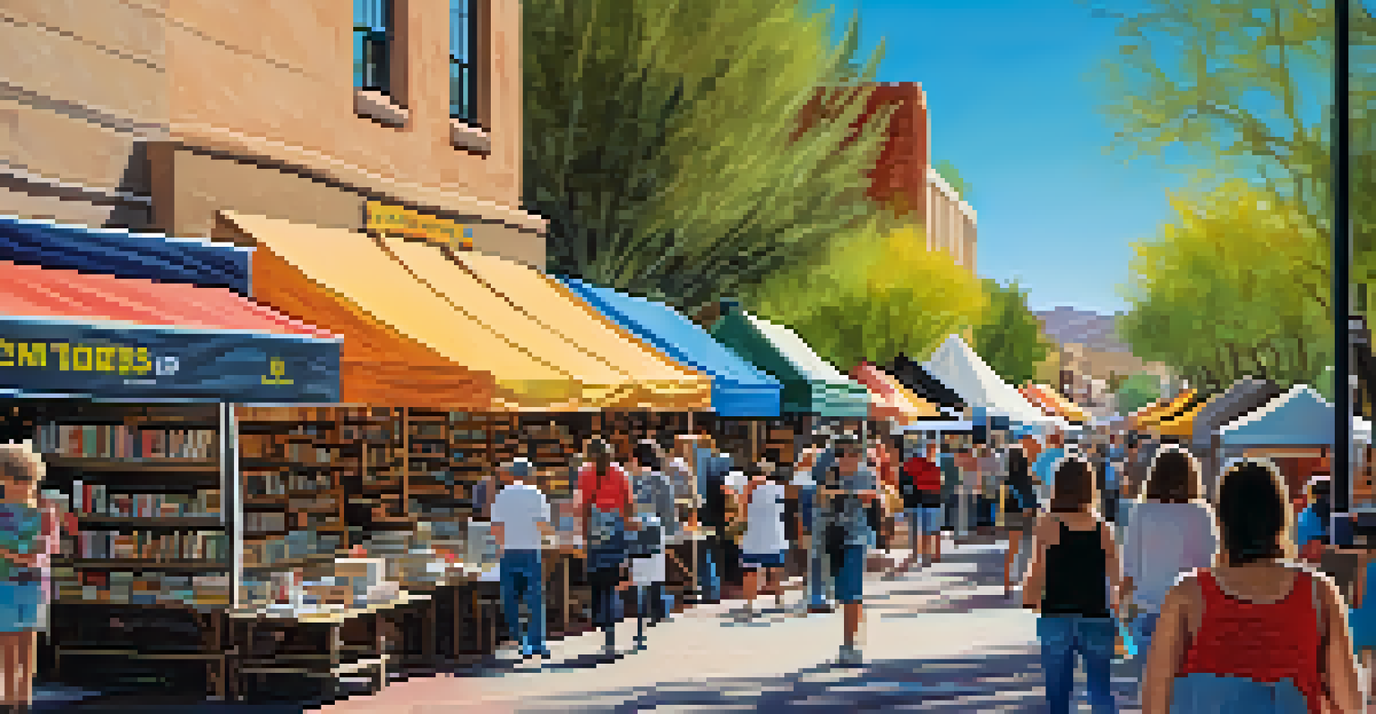 A lively street scene at the Tucson Festival of Books with colorful booths and people enjoying the festivities.