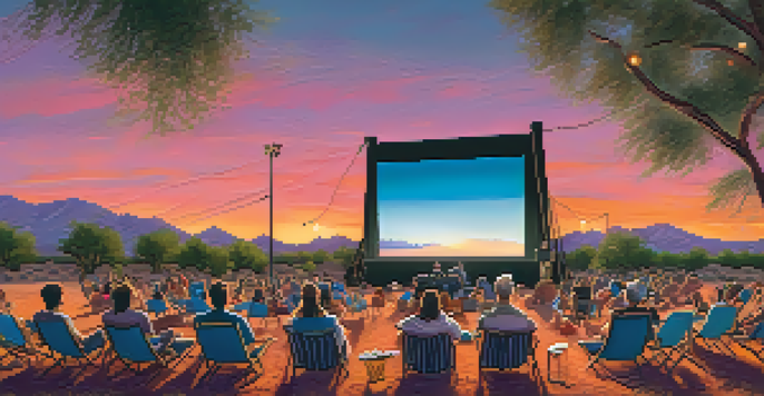 An outdoor film screening at the Tucson Film Festival, with a large screen and a diverse audience enjoying the event under a colorful sunset.