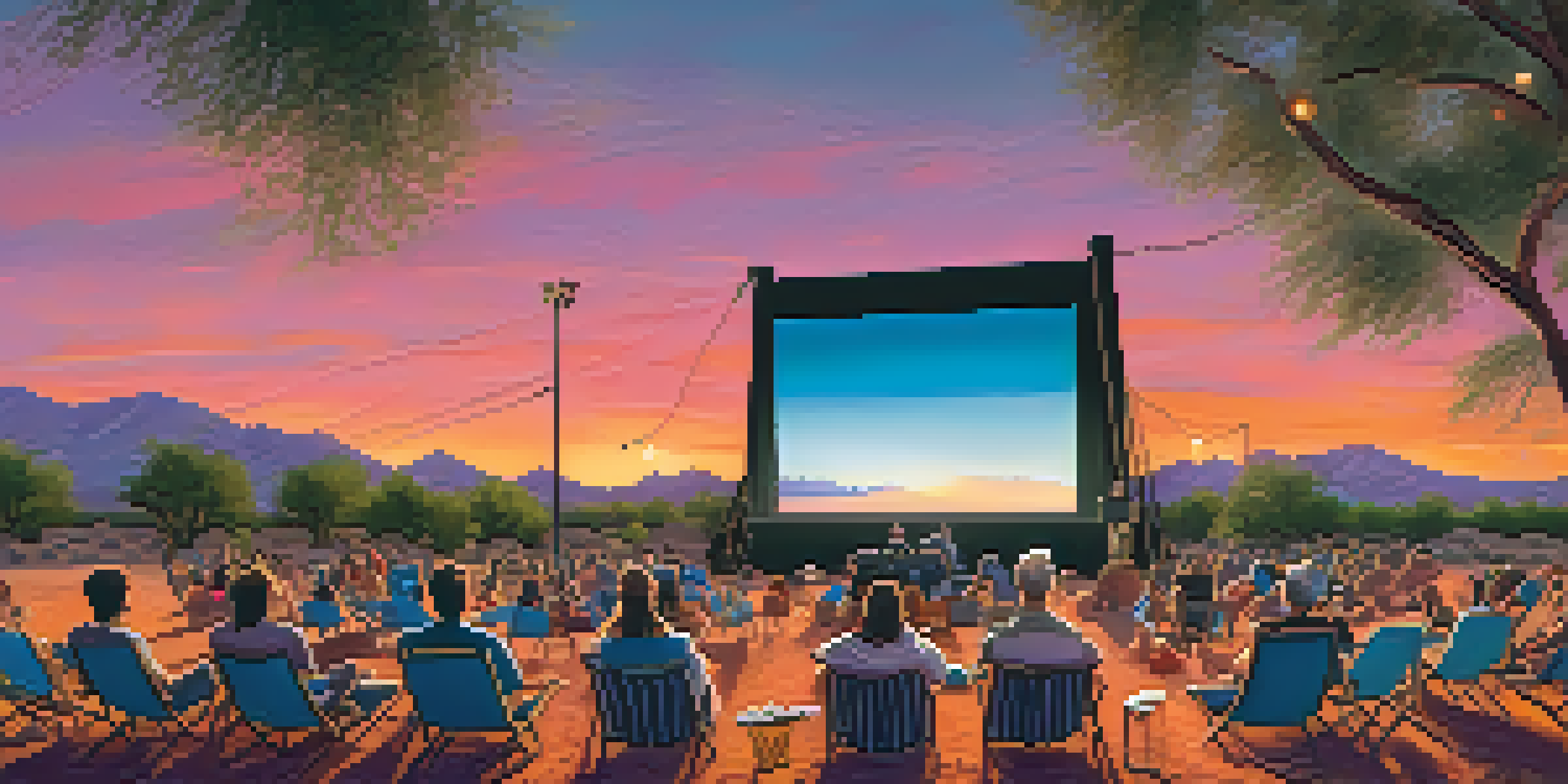 An outdoor film screening at the Tucson Film Festival, with a large screen and a diverse audience enjoying the event under a colorful sunset.