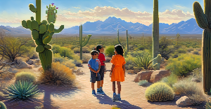 Children on a nature walk in Tucson, learning about desert wildlife from a guide, with a backdrop of cacti and mountains.