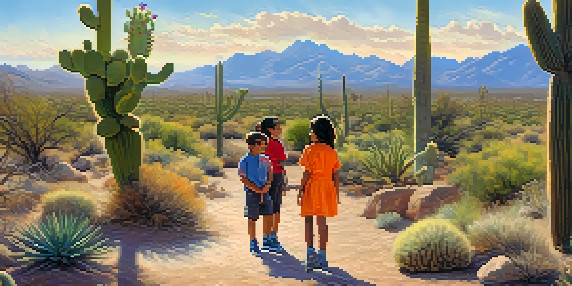 Children on a nature walk in Tucson, learning about desert wildlife from a guide, with a backdrop of cacti and mountains.