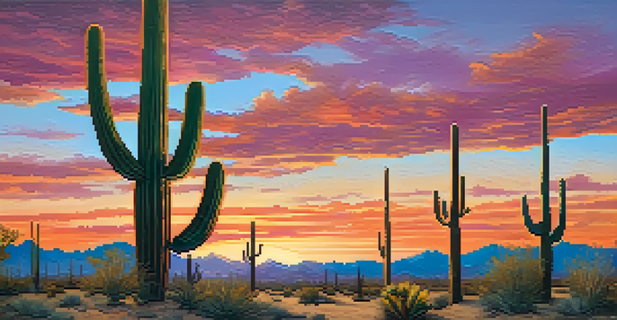 A picturesque sunset over the Sonoran Desert featuring Saguaro cacti and colorful wildflowers.