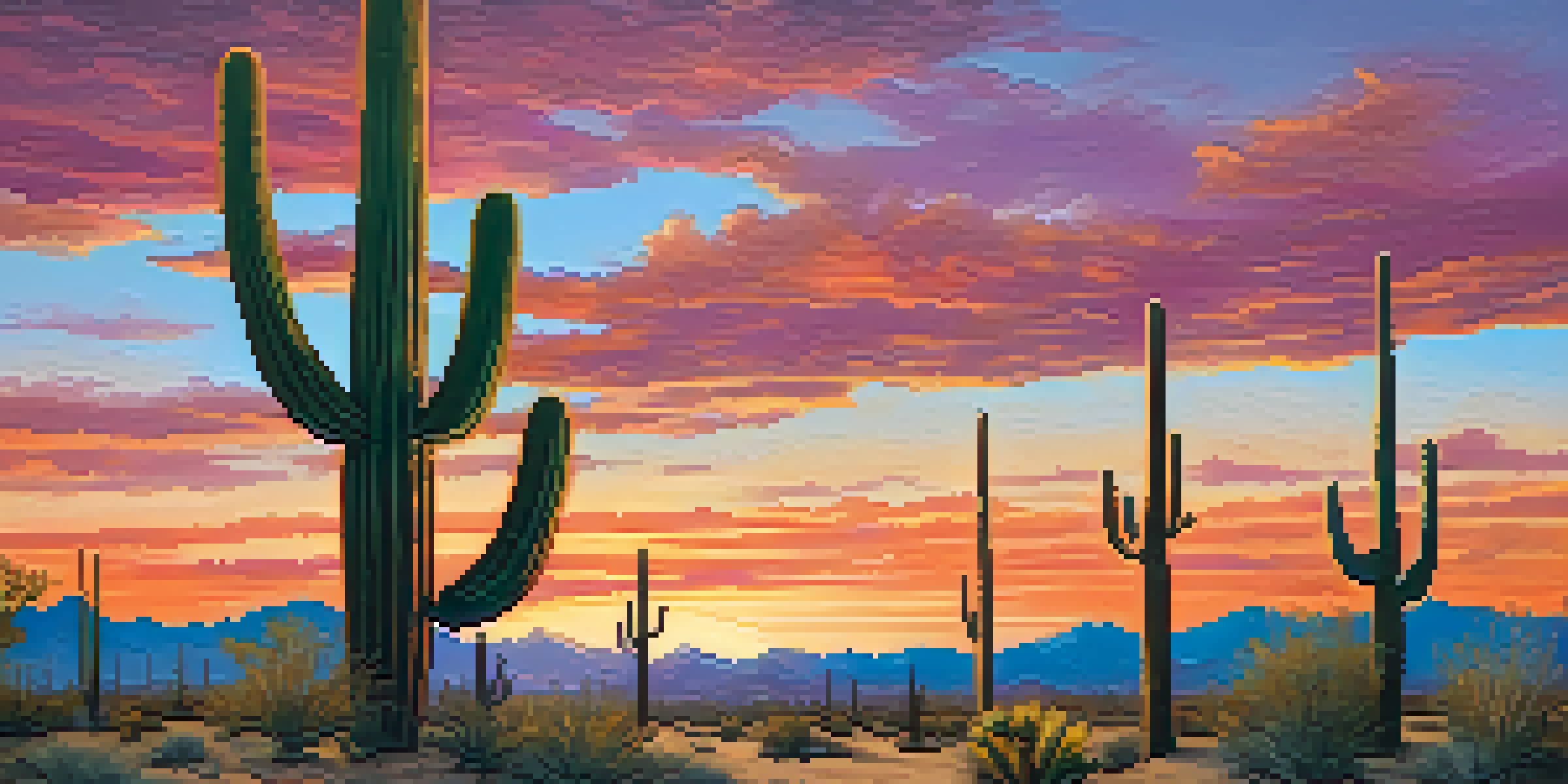 A picturesque sunset over the Sonoran Desert featuring Saguaro cacti and colorful wildflowers.