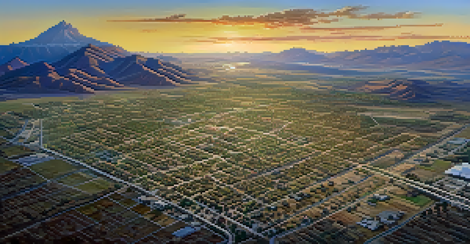 An aerial view of Tucson showing infrastructure development during the Mexican-American War, with roads, military encampments, and agricultural fields.