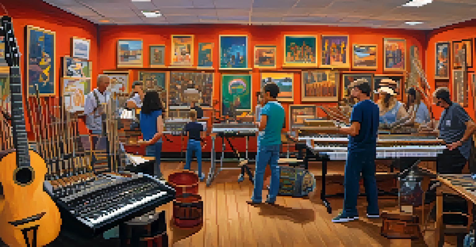 Participants engaging in a workshop at a Tucson music festival, exploring various musical instruments amidst colorful artwork and cultural designs.