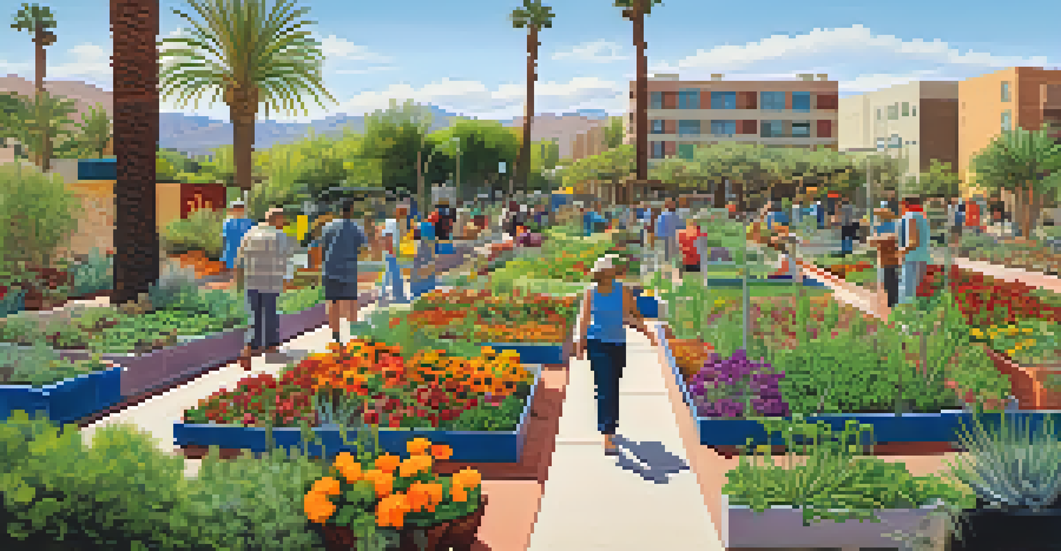 A community garden in Tucson with people gardening and colorful plants.