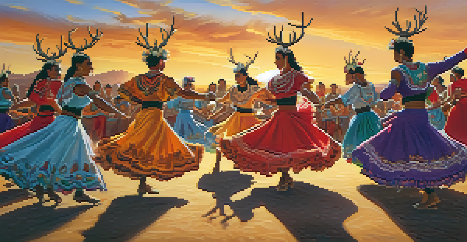 Dancers performing the Pascua Yaqui Deer Dance in colorful costumes during a sunset festival.