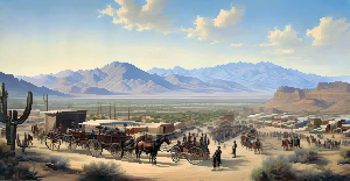A historical scene depicting Tucson in the mid-19th century, with trade routes, soldiers, and merchants against a mountain backdrop.