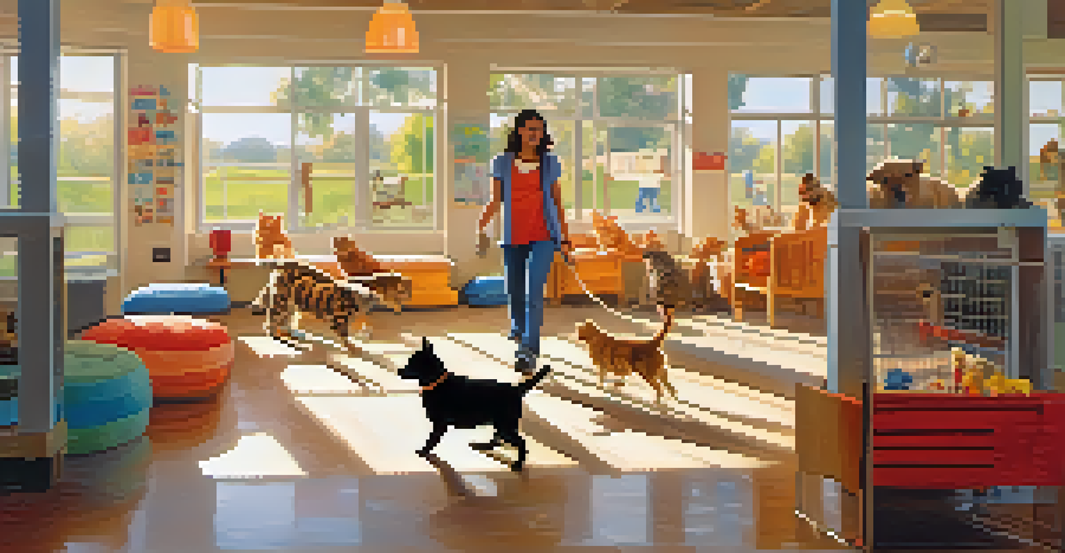 A volunteer happily walking a dog while surrounded by playful cats in a cozy animal care area, with sunlight streaming through large windows.