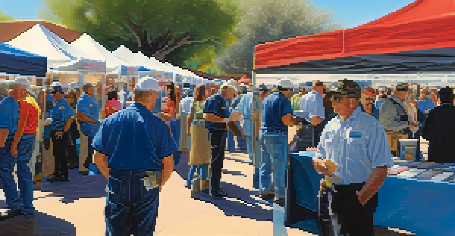 A busy outdoor job fair in Tucson with veterans talking to employers at colorful booths and exchanging resumes.