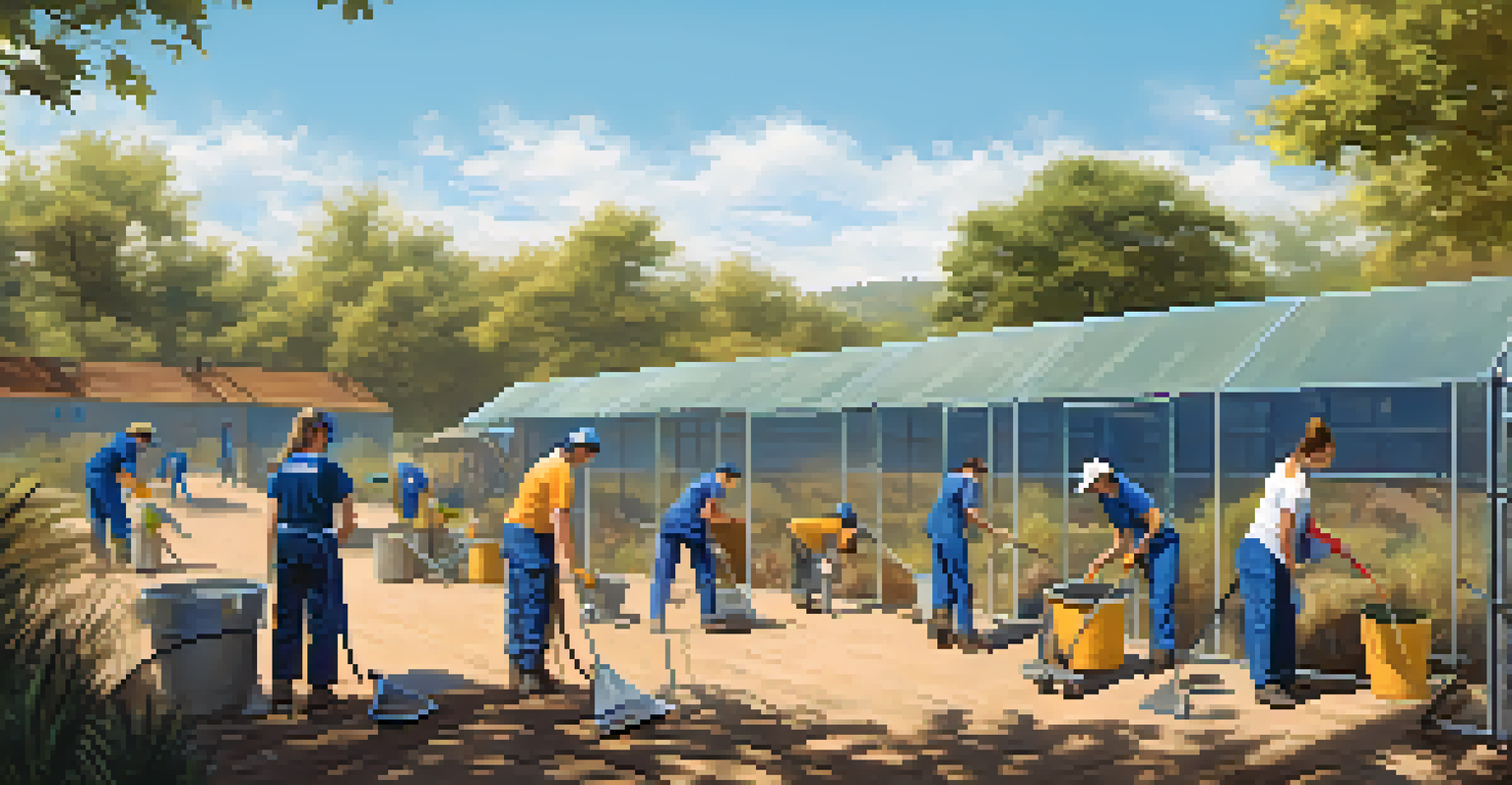 A diverse group of volunteers cleaning and preparing enclosures at a wildlife rehabilitation center under a clear blue sky.