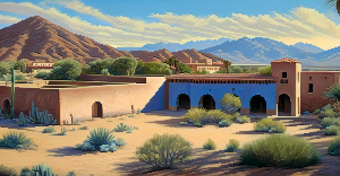 A wide view of the Presidio San Agustín, highlighting its adobe architecture and desert surroundings, with visitors exploring the historical site.