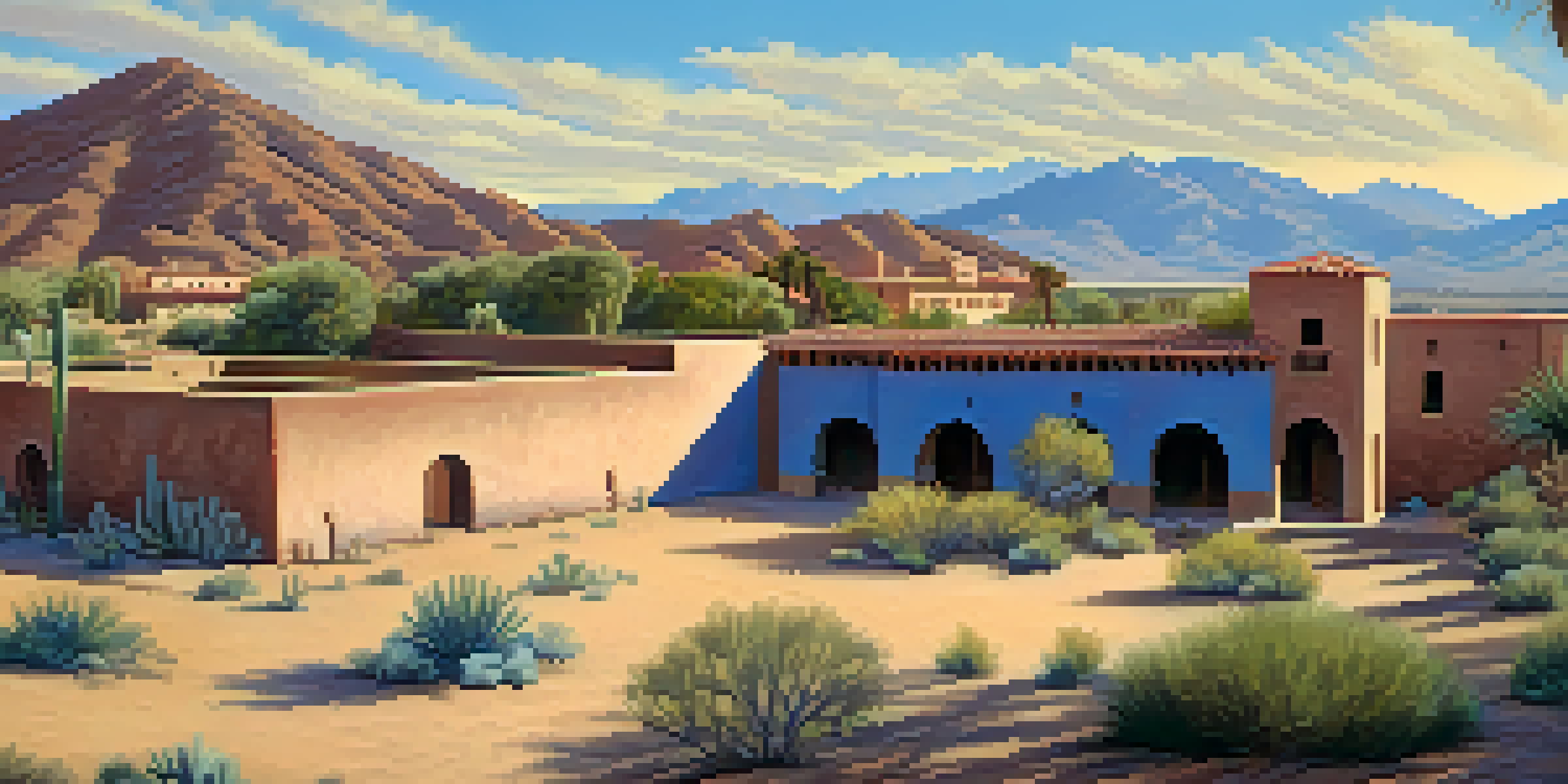 A wide view of the Presidio San Agustín, highlighting its adobe architecture and desert surroundings, with visitors exploring the historical site.
