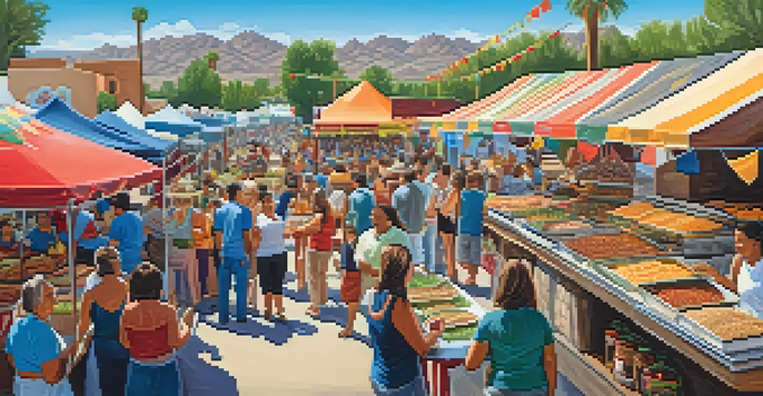 A lively outdoor food festival in Tucson with colorful food stalls and people sampling various dishes.
