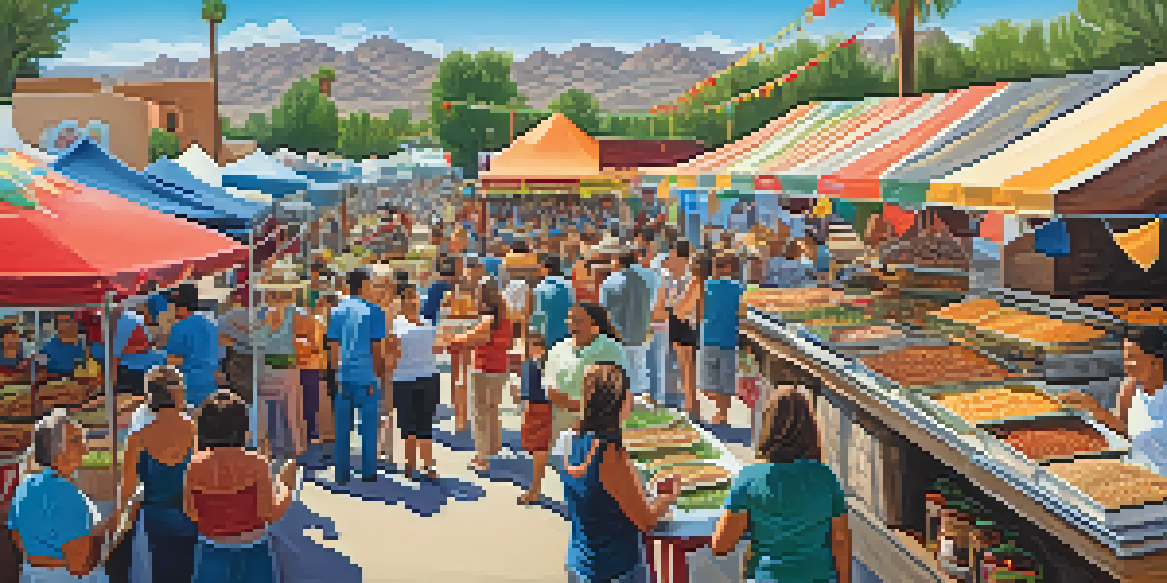 A lively outdoor food festival in Tucson with colorful food stalls and people sampling various dishes.