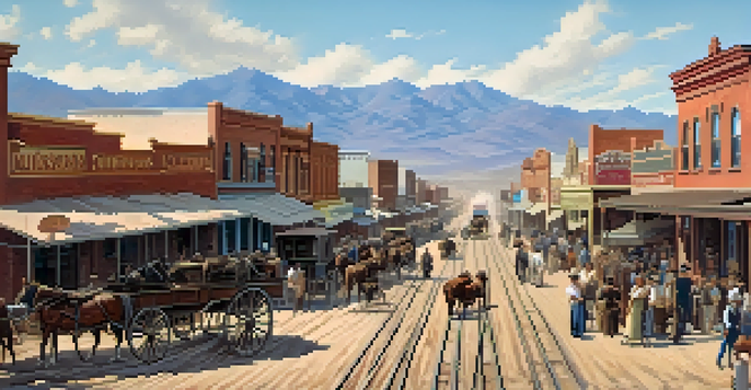 A historical view of Tucson in the late 19th century, depicting a bustling mining town with horse-drawn wagons and railroad tracks.