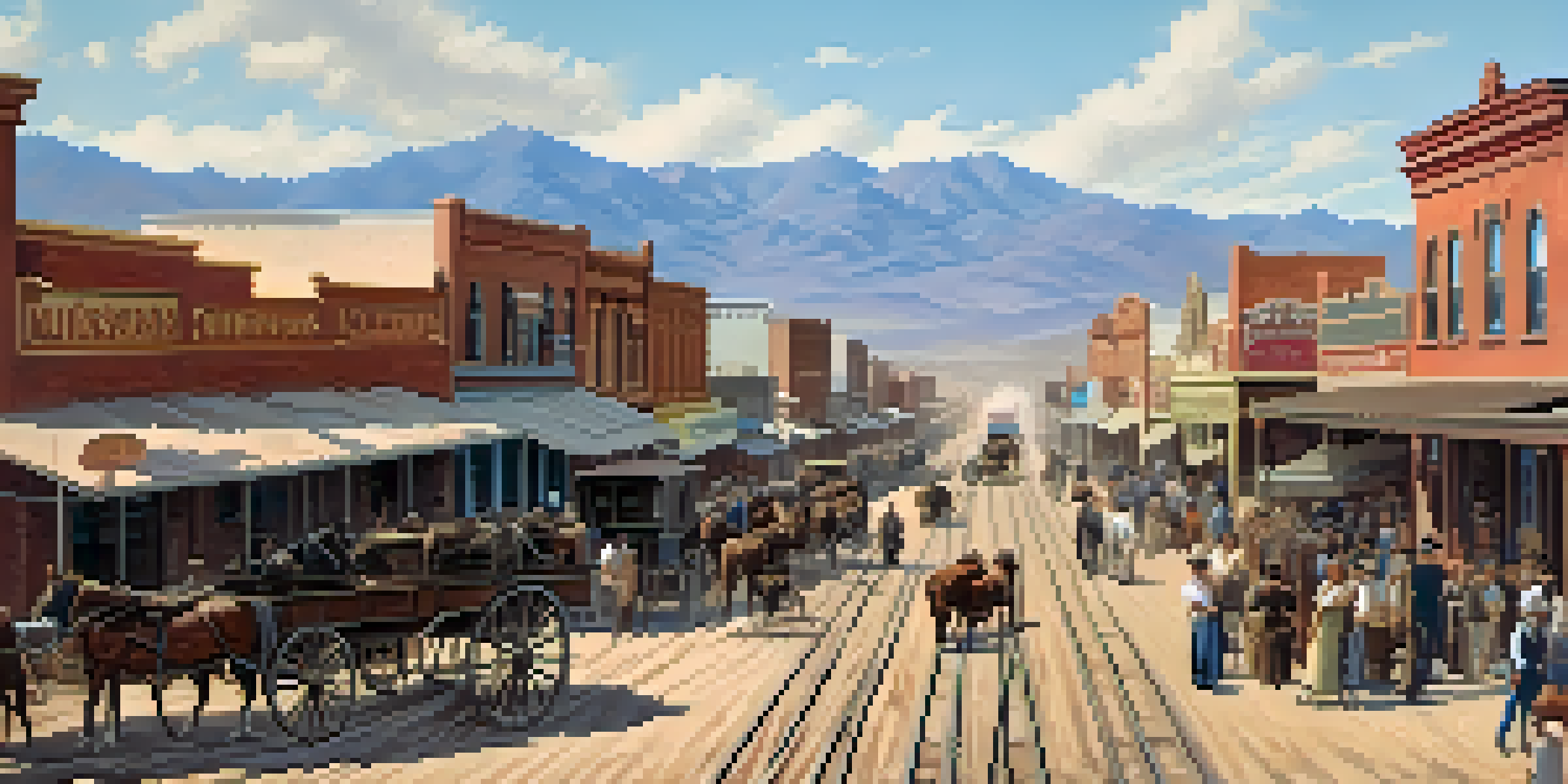 A historical view of Tucson in the late 19th century, depicting a bustling mining town with horse-drawn wagons and railroad tracks.