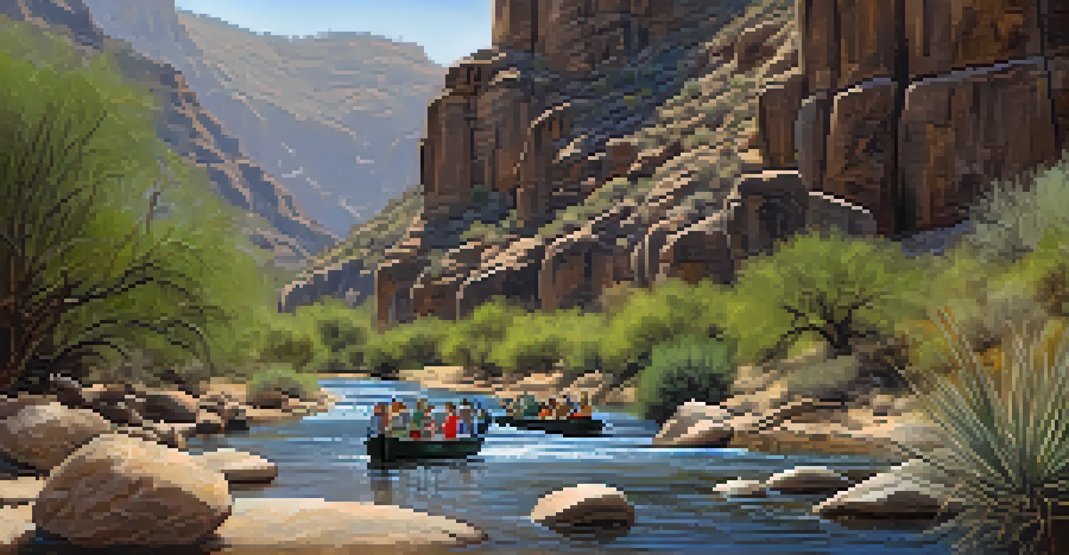 A tour guide explaining the features of Sabino Canyon to an engaged group of visitors.