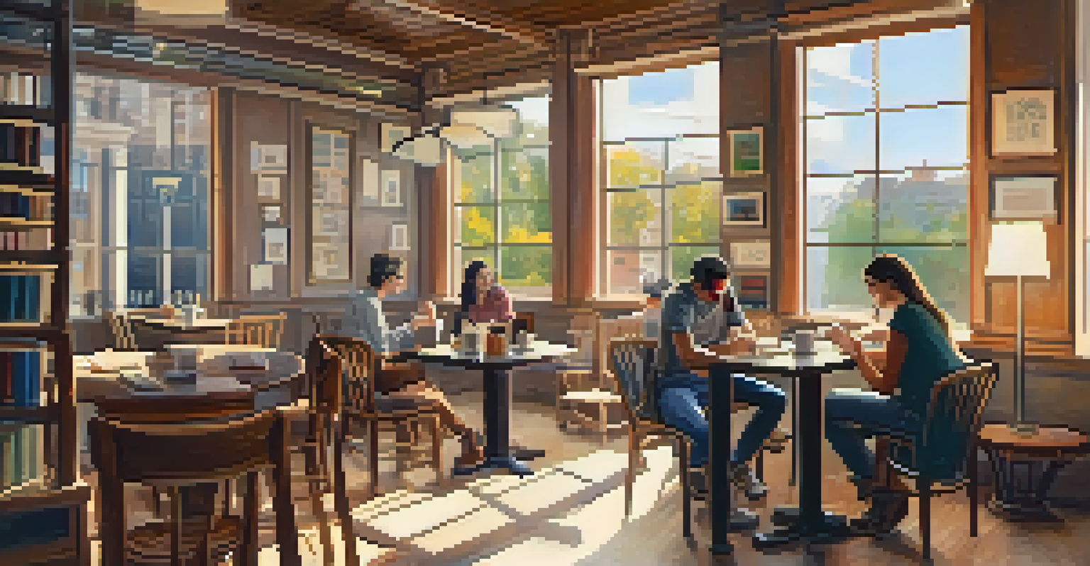 A coffee shop where people are engaged in a language exchange conversation with books around them.