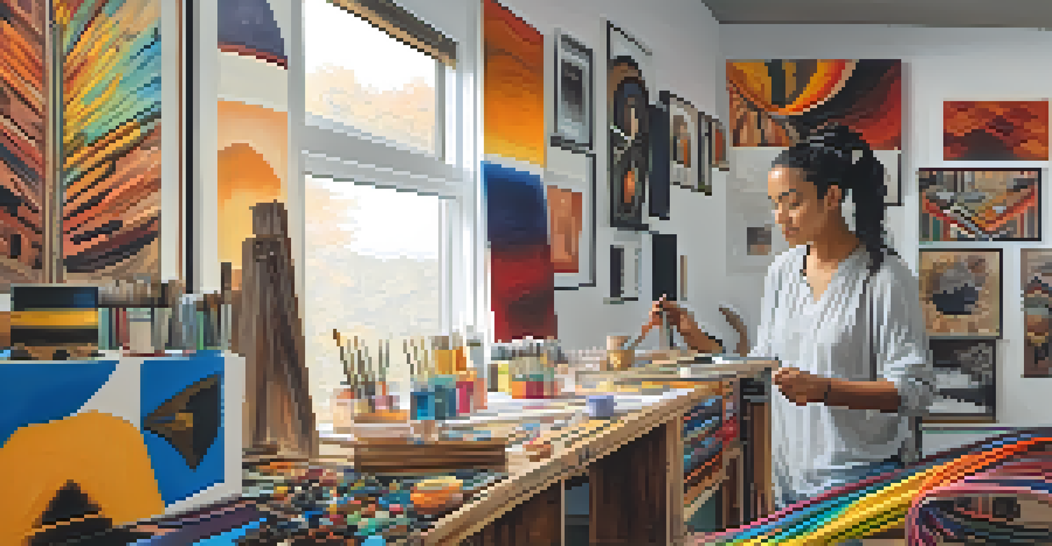 An artist creates a mixed-media installation combining traditional Indigenous and modern art elements in a bright studio.