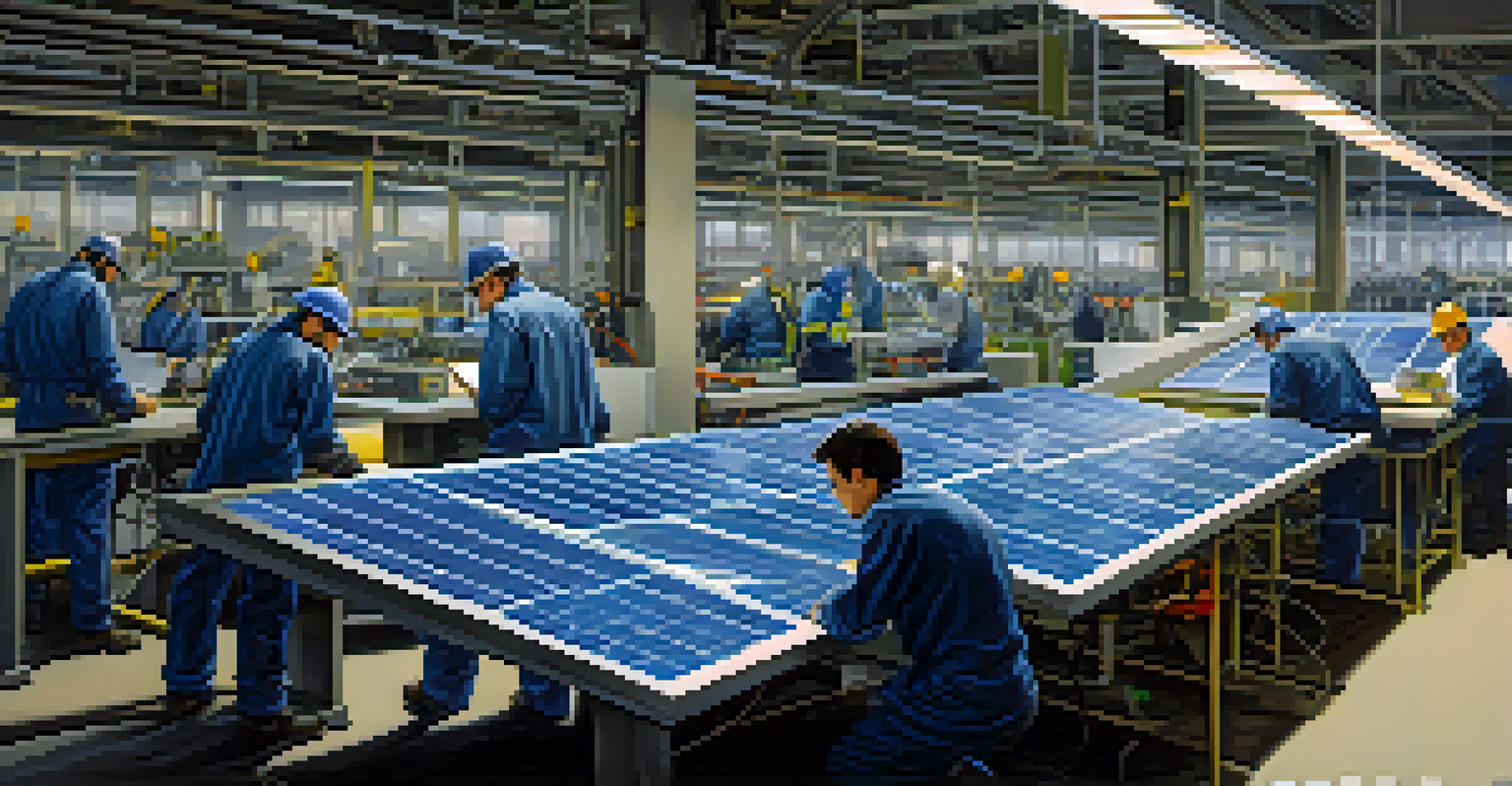 Engineers collaborating in a solar panel manufacturing facility, surrounded by advanced machinery and bright fluorescent lighting, focusing on solar technology.