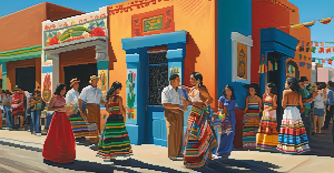 A colorful street scene in Tucson with murals and people celebrating a festival, reflecting a blend of Mexican and American cultures.