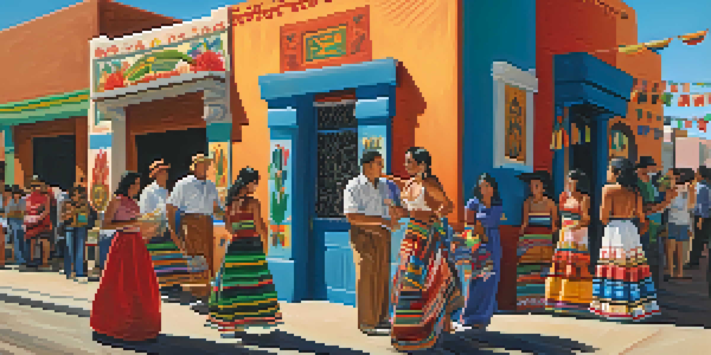 A colorful street scene in Tucson with murals and people celebrating a festival, reflecting a blend of Mexican and American cultures.