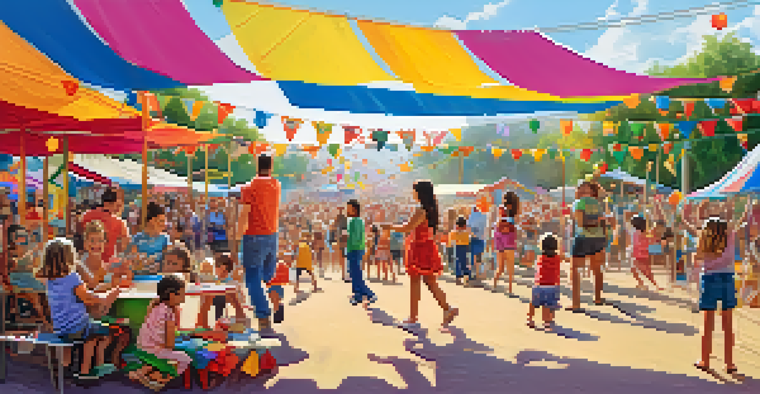 A family bonding at a festival, children engaged in face painting and games, with a lively stage and colorful decorations in the background.