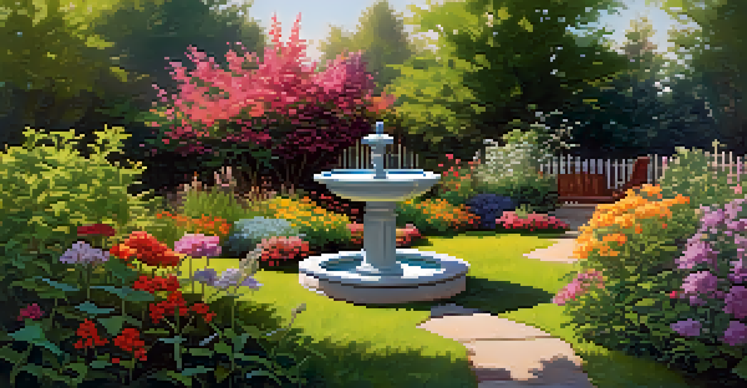 A backyard garden filled with native flowers and a birdbath, illuminated by soft afternoon light, creating a welcoming environment for wildlife.