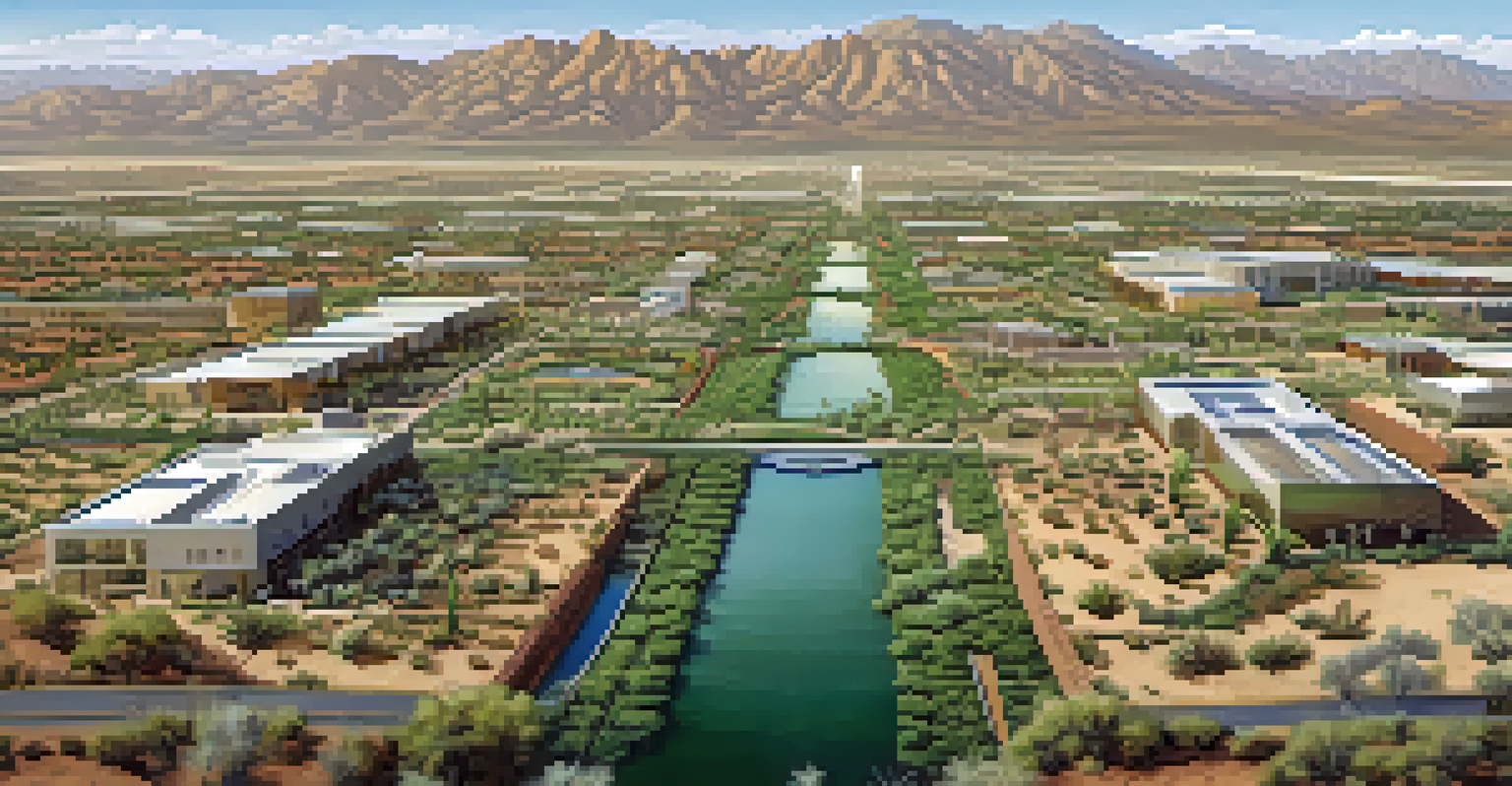 An aerial view of Tucson displaying sustainable water management practices with xeriscaped gardens and rainwater harvesting.