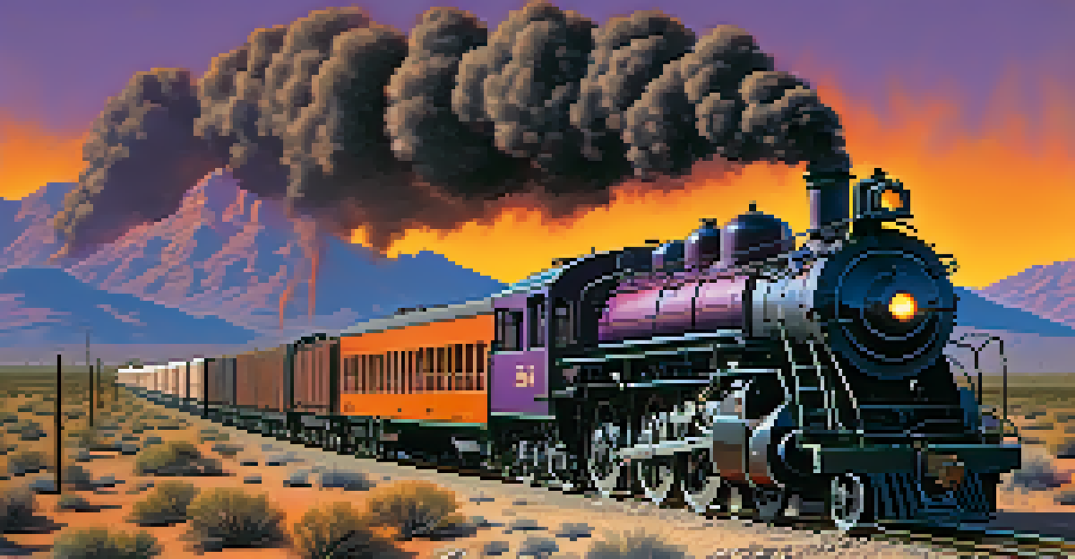 A vintage steam locomotive hauling ore through the Tucson desert at sunset, with mountains in the background.