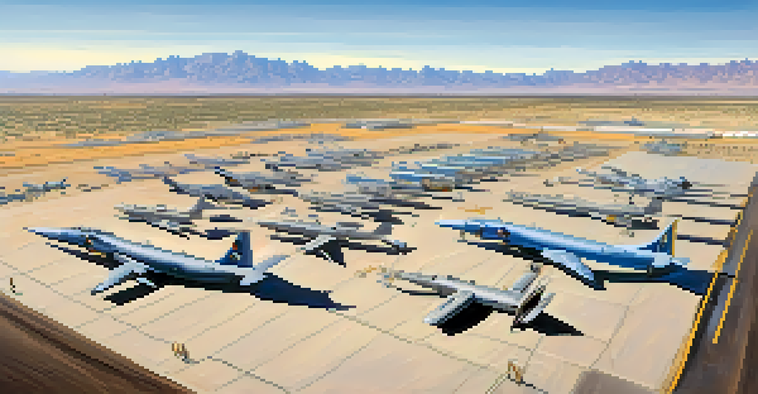 Aerial view of Davis-Monthan Air Force Base with rows of retired aircraft in the Boneyard.