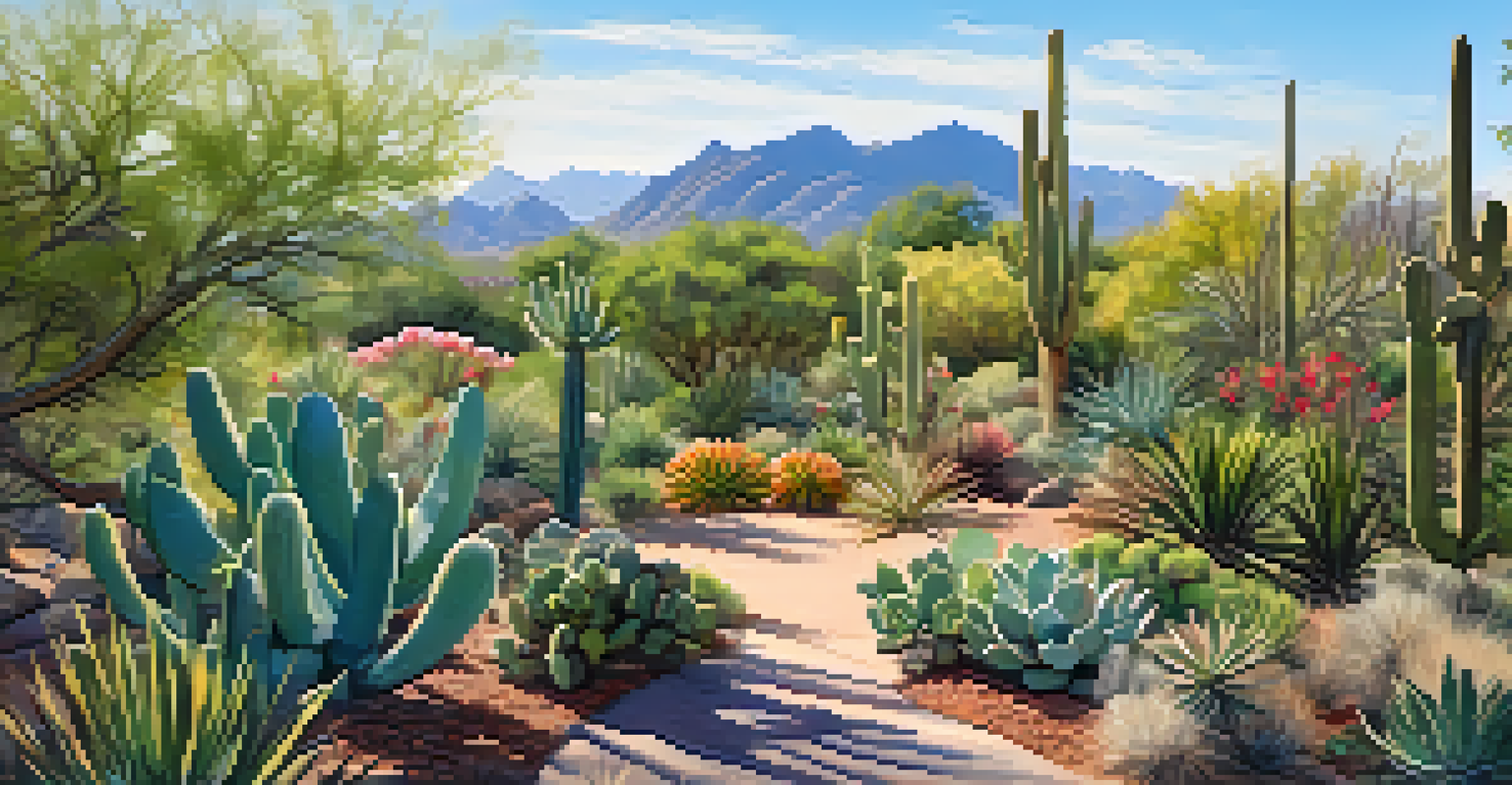A wide view of Tucson's Botanical Gardens in spring, displaying a variety of cacti and colorful flora under a clear sky.